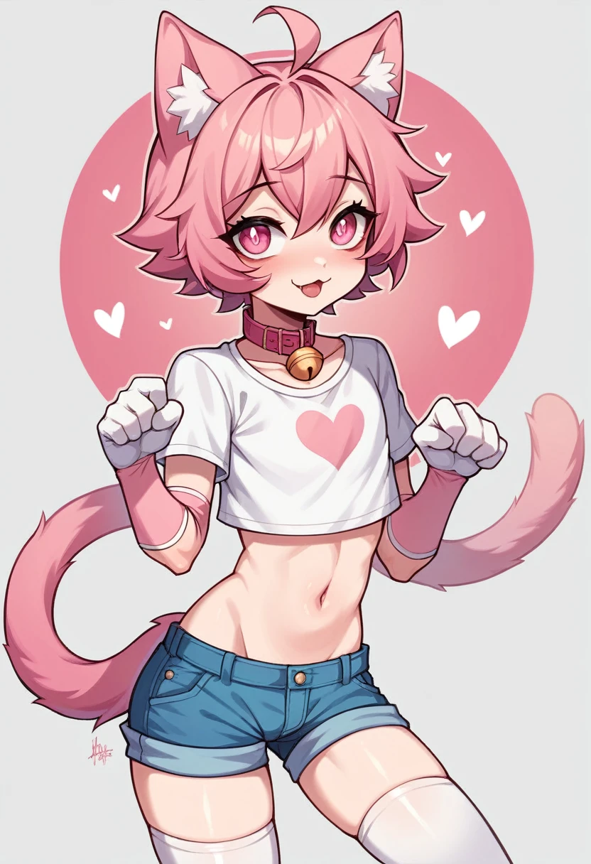 work of art, perfect, highy detailed,(femboy), fluffy white fur, ((pink eyes)), ((1))fluffy cat tail, Pink Short Hair with Cat Ears, tiny chest, (PINK CAT Ears), Wearing a pink collar, pink kitten shirt, short black elastic shorts,White silk gloves, silk white thigh socks, using a muzzle, , god of eyes, niji, god of eyes, niji, collar with a bell, pink heart in eyes cute, dominant