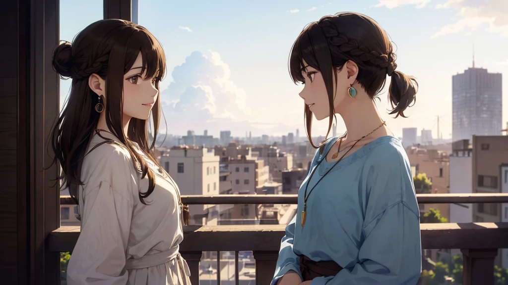 Standing on the balcony of a high-rise apartment building、Tower apartment building in the background、sunny、cumulonimbus、Downtown cityscape、Expression looking into the distance(Highest quality、masterpiece、High resolution)、(Sargent-style watercolor)、(Anime Art)、、((Right beside、Female Profile、))、(Detailed depiction of a beautiful face)、A kind smile、Medium Short Hair、Dark Brown Hair、Braiding、、
1 female(Highest quality:1.2)、Very detailed、High resolution、masterpiece:1,2、Bright colors、Bokeh、Professional Lighting、Physically Based Rendering、Flat Color:0.8、Great illustrations、Realistic:1.37、Makoto Shinkai style、Name Style、Light Brown Hair、Elegant update、Short Bob、、ダイナミックなポーズlip、cheek(Dark Brown Hair/)bangs、cheek(direction)、(最高masterpiece1.2)繊細なイラストVery detailed、Break Blue Sky、Detailed Background、Clench your teeth、Through clenched teeth、lip、cheek(Flat Color: 0.8)、(masterpiece: 1,2)、(masterpiece: 1,2)、High resolution、超High resolution、Highest quality、High resolution、Ultra-thin illustration、Makoto Shinkai style、Your name is style、Long Hair、Short Bob、necklace、Earrings、Selfie、whole body、Brown Hair、Braiding、Hair Bun、ponytail・Hair Bunスタイル、necklace、Valletta、ribbon、Earrings・アニキュア,。