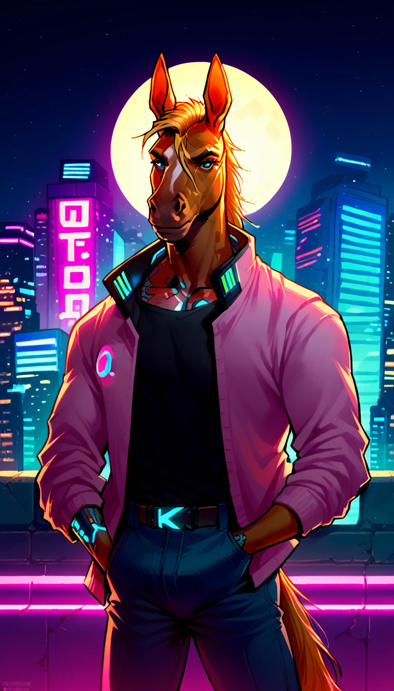 score_9, score_8_up, score_7_up, (cyberpunk buildings, cyberpunk neon signs, cyberpunk cars, cyberpunk-style city on background), ((Horse:1.2), anthro, solo, male, (portrait, standing), (holding), ((wearing clothes)), ((have fur)), beautiful, (have cyberpunk augmentations, cyberpunk implants, cyberpunk-style additions:1.75)