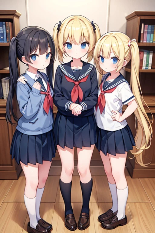 3girls, 2 blonde, 1 long twin tails, 1 medium length hair, 1 short black hair, {schoolgirl uniforms}, 2 sisters, 1 stepsister.