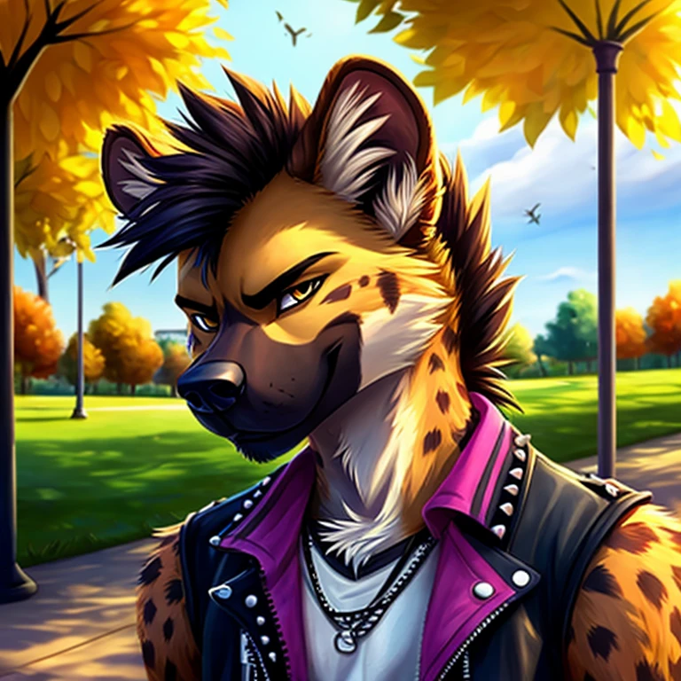 Masterpiece, best quality, furry, solo, best quality, masterpiece, HDR, male hyena, in a park, teen, punk, smirk on his face, sunny day