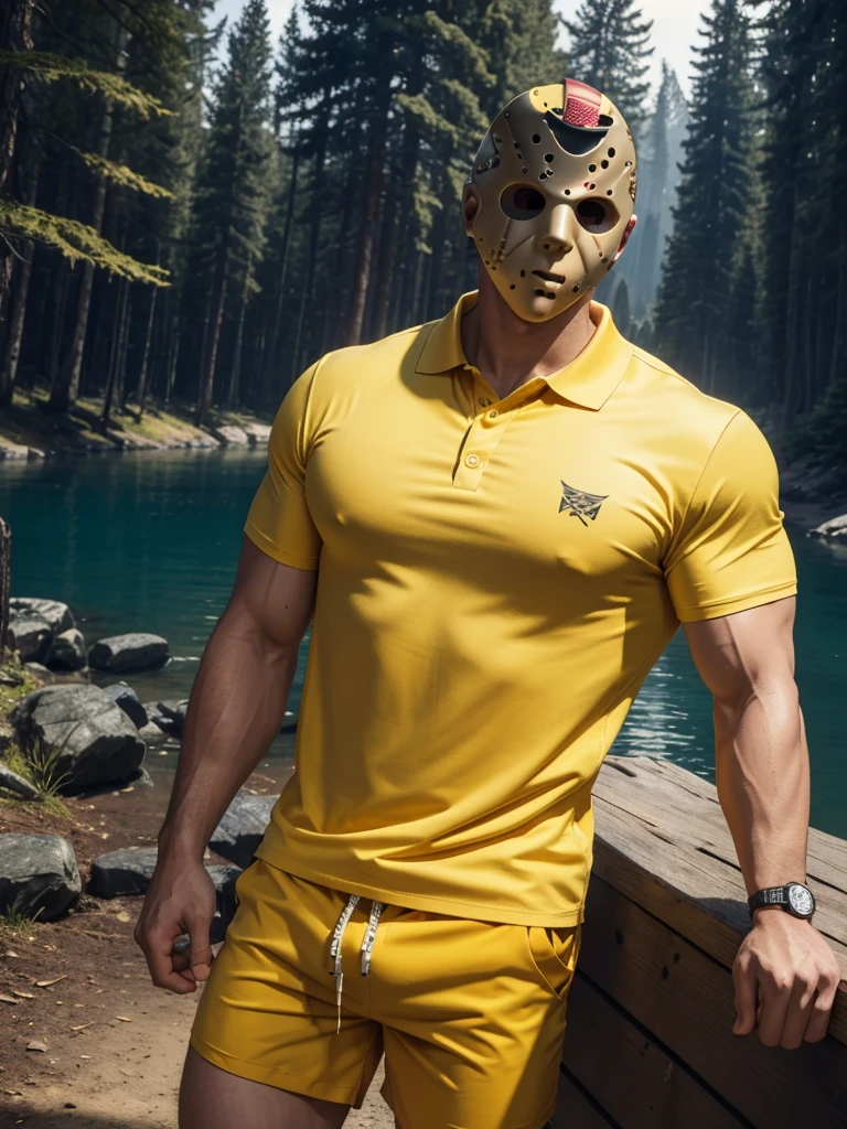 (masterpiece, 4K, ultra detailed), Jason Voorhees, single, masculine, light skin, jason's white hockey mask on face, yellow polo-shirt, bald, red swim trunks, sexy, muscular, campsite, lake, forest, noon, smooth lighting, smooth lining, smooth shading