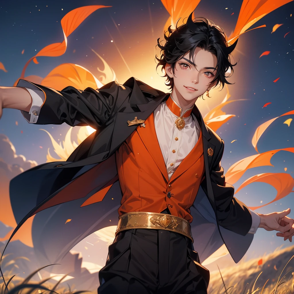 1 boy, 18 years old, short hair, black hair, wear a prince crown, orange eyes, lightly tanned skin, a red prince tuxedo, mischievous smirk, background in a field under the blue sky