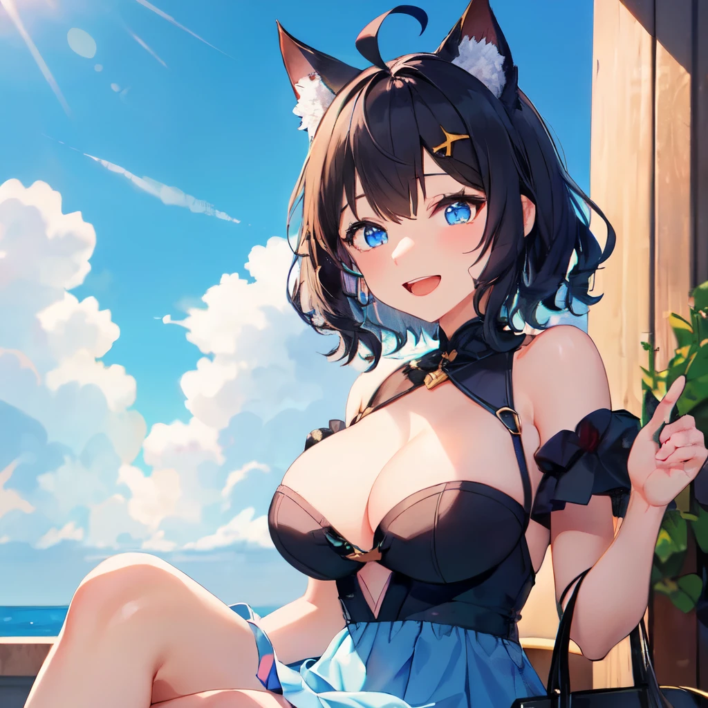 Watching the audience, 1 person、girl, Open your mouth, smile, Virtual YouTuber、((Highest quality, expensive_solve, Clear_image)),(Black Hair), (Black cat ears), (Ahoge), (Ridiculously short hair), (Wavy Hair), (blue eyes)、Very large breasts,Wearing a dress、Condescending face、Lay down、Fox&#39;s Tail