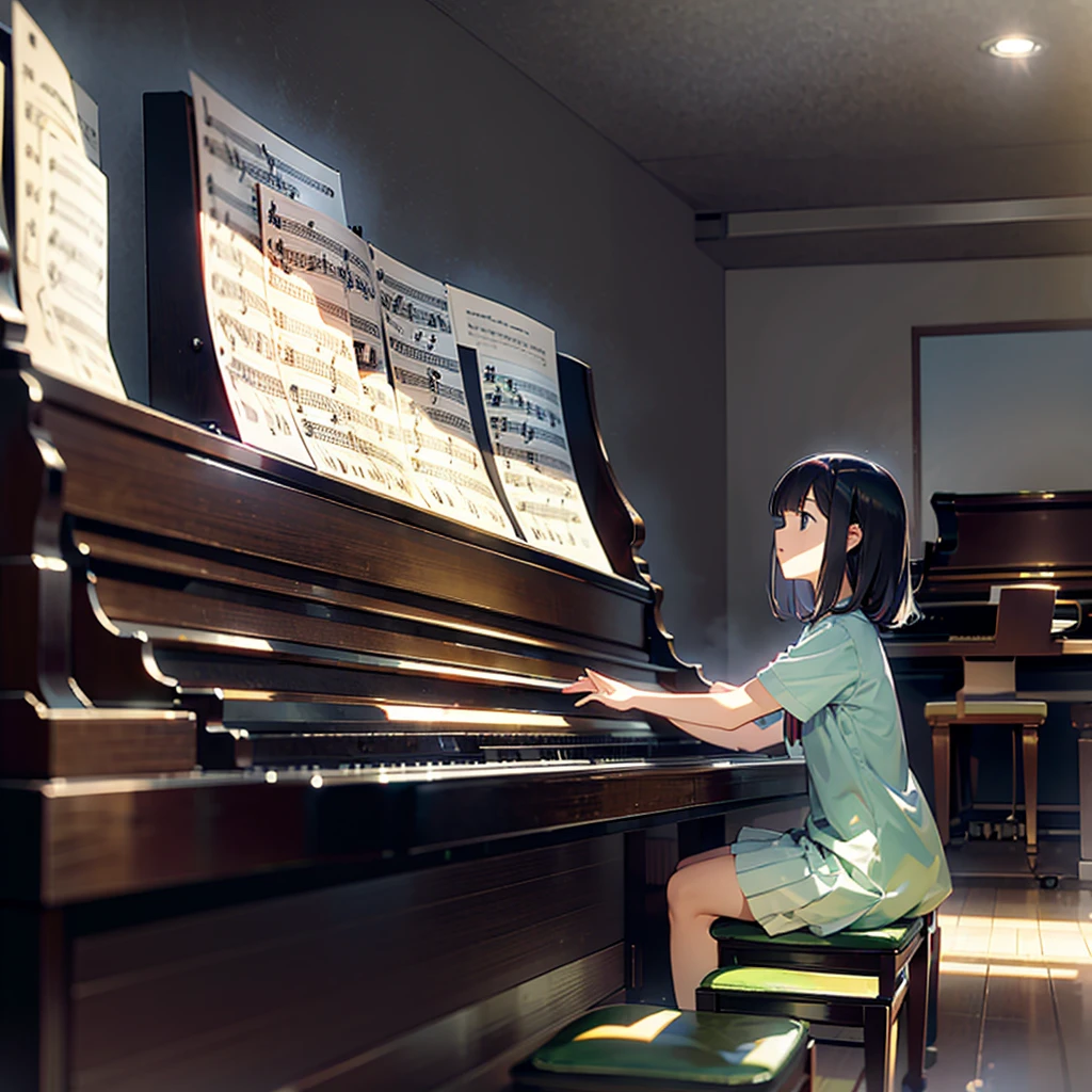 A girl practicing the piano. Generate a piano so that it faces the right way. Generate a piano so that a girl is playing it in the right way.