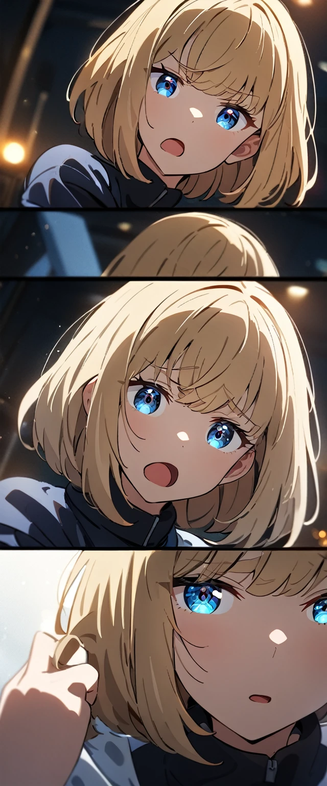 (((One girl))), blond hair, bob cut, (unamused), (looking at viewer), (((blue eye))), (from side), from below, furrowed brow, ((open mouth)), hand in own hair, anime style, (best quality, 4k, 8k, highres, masterpiece:1.2), ultra-detailed, ultra-detailed eyes, HDR, UHD, studio lighting, ultra-fine painting, sharp focus, physically-based rendering, extreme detail description, professional, vivid colors, bokeh)