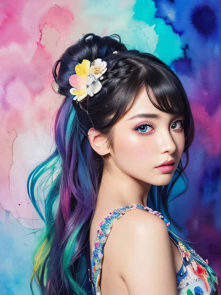 Nice style、(((Stylish fashion))), 8K quality、Intense watercolor, Detailed watercolor art, Watercolor splash, surreal, Avant-garde pop art, Beautiful and expressive paintings, Beautiful artwork illustration, Very colorful tones, wonderful, Cool Beauty, Highest quality、Official Art, vector art, stylish design, (((The most beautiful girl))), (((Highest quality))), High resolution, ((detailed)), (((Doodle Art)), ((masterpiece)), ((Super detailed)),  (((stylish))),(((Unusual hairstyle)))(((looking back)))