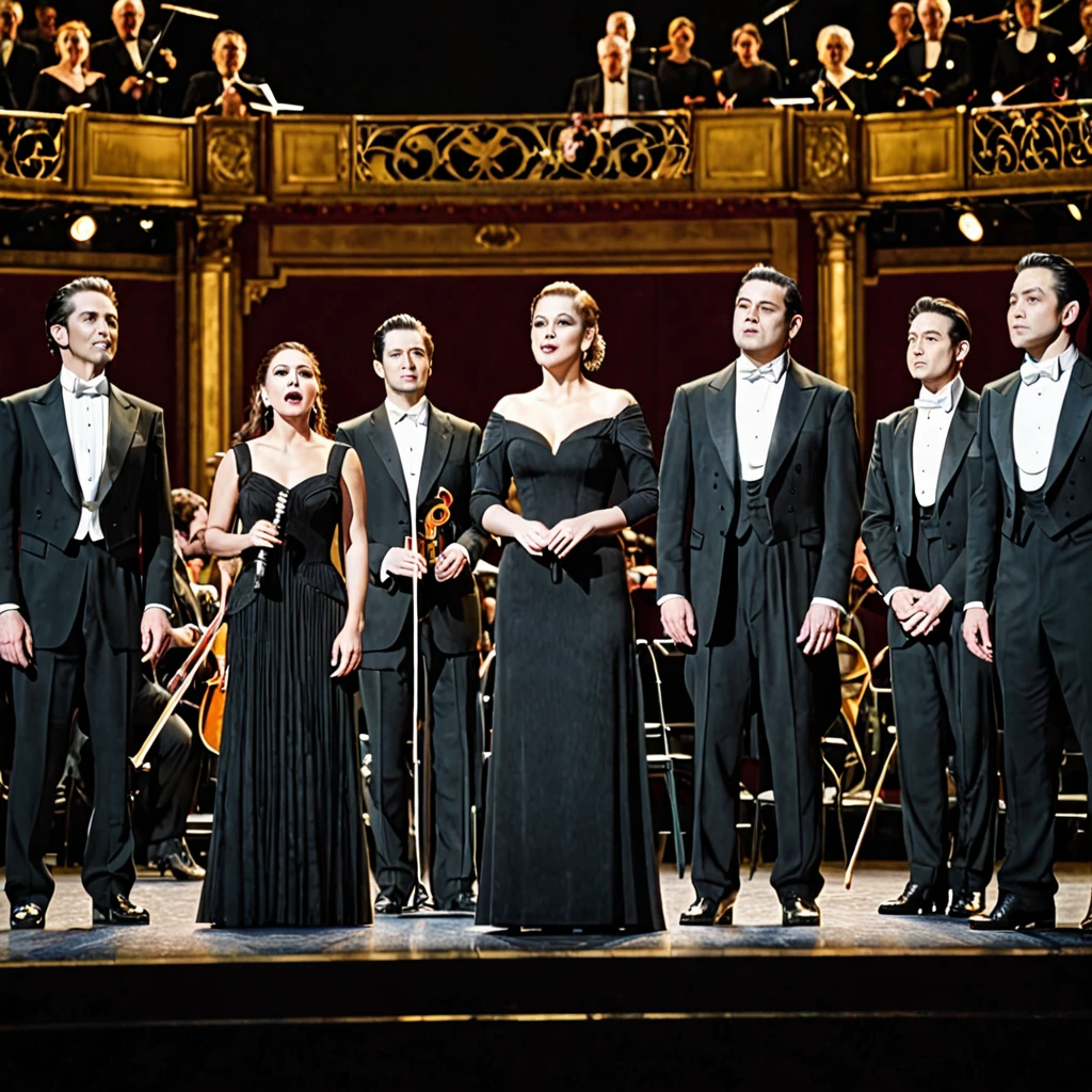 Four men and four women stand in a row on the grand opera stage, the men wearing black suits and the women wearing long black dresses, accompanied by orchestra musicians beside them