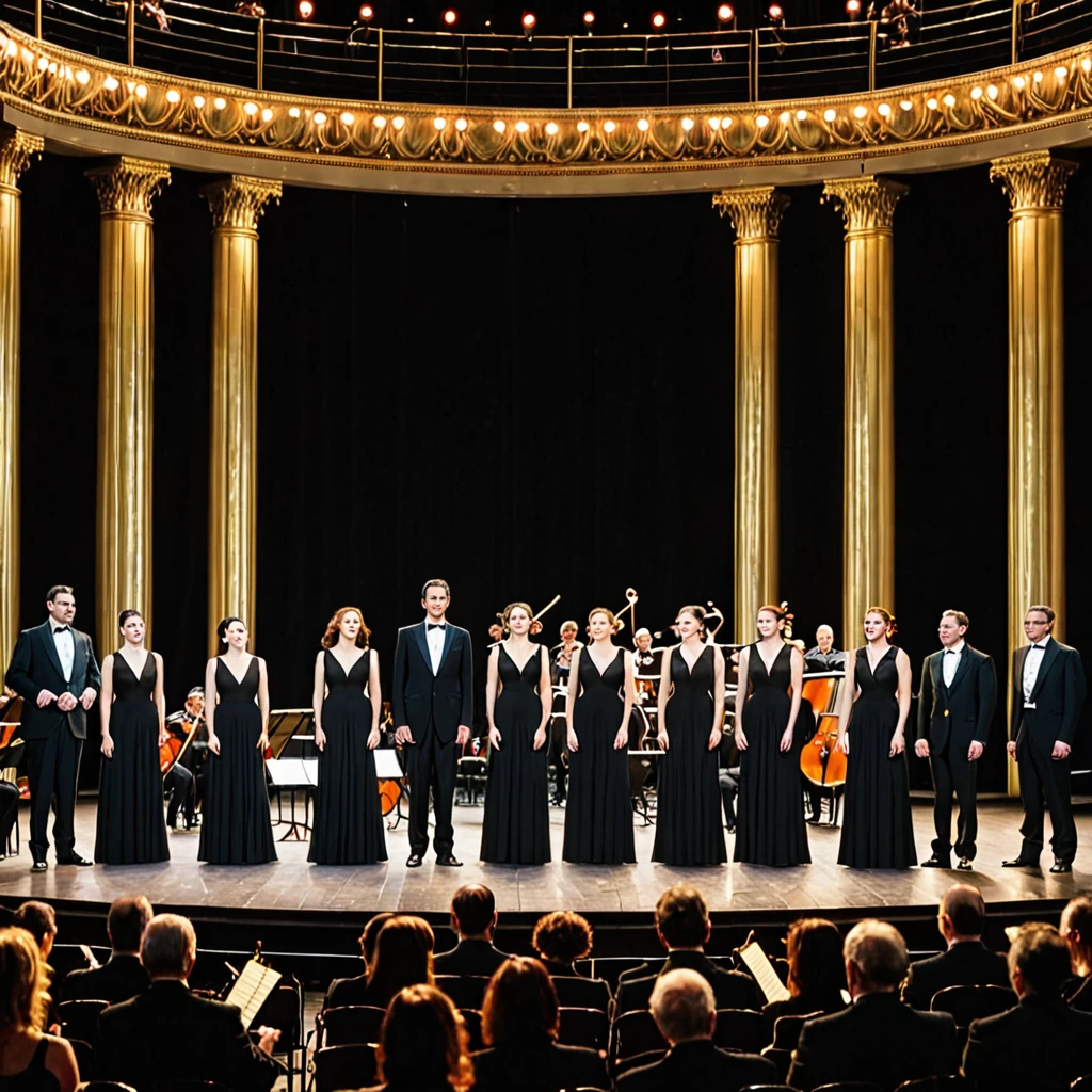 Four men and four women stand in a row on the grand opera stage, the men wearing black suits and the women wearing long black dresses, accompanied by orchestra musicians beside them