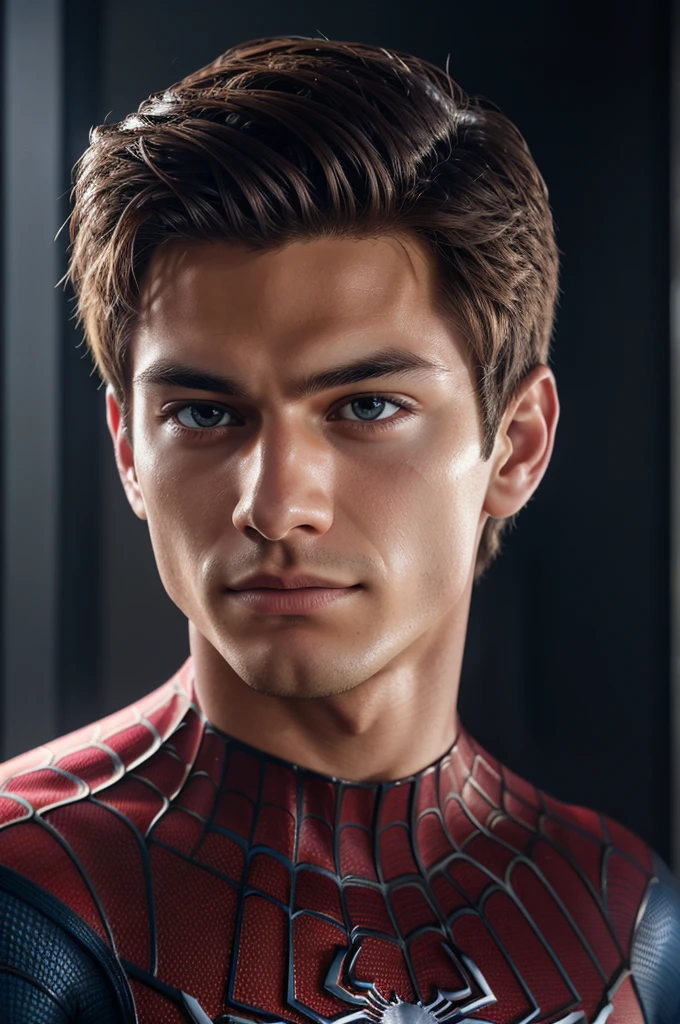A photograph of spider man, no mask, 20 yo, handsome, detailed face, looking at camera, portrait, 8k uhd, high quality