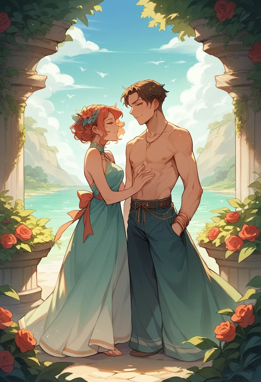 Background: A serene sunset over a tranquil beach.Foreground: A man and two women standing close together, with one woman in a revealing dress, the other two gazing at her affectionately.