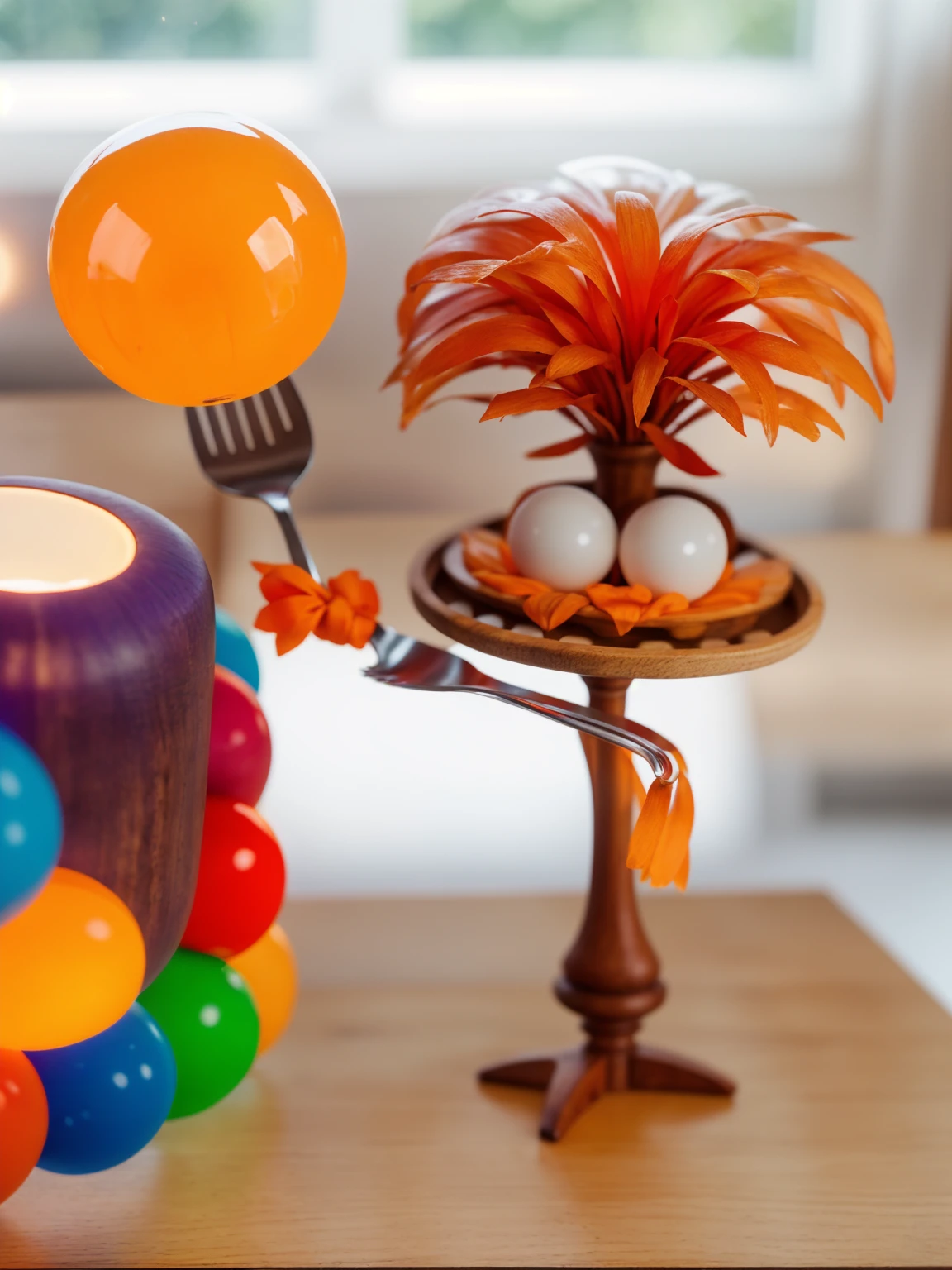 on a wooden table, orange character in a vest is standing, holding a fork with an orange sphere, Contour light, Beautiful light from the window. window in the background, realistic picture, Realistic style, realistic textures, bright lighting, beautiful light source, detailed textures, high quality, A high resolution, macro photography, ultra 4k hd.