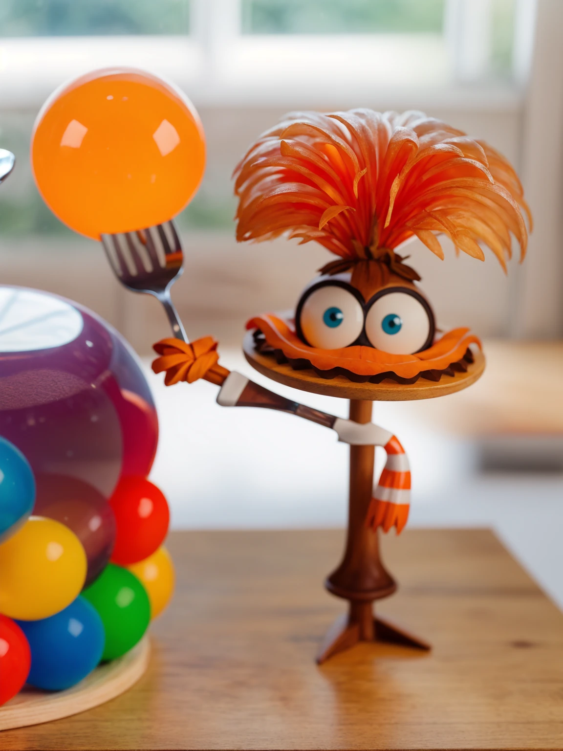 on a wooden table, orange character in a vest is standing, holding a fork with an orange sphere, Contour light, Beautiful light from the window. window in the background,  realistic picture, Realistic style, realistic textures, bright lighting, beautiful light source, detailed textures, high quality, A high resolution, macro photography, ultra 4k hd.