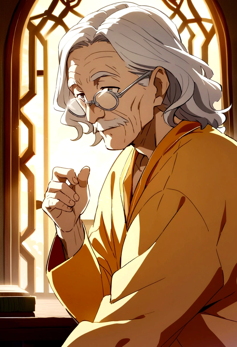 anime, Friendly wrinkled old man, Wavy white hair, Wearing a blue serge Norfolk jacket, Wearing silver glasses, wise, considerate.