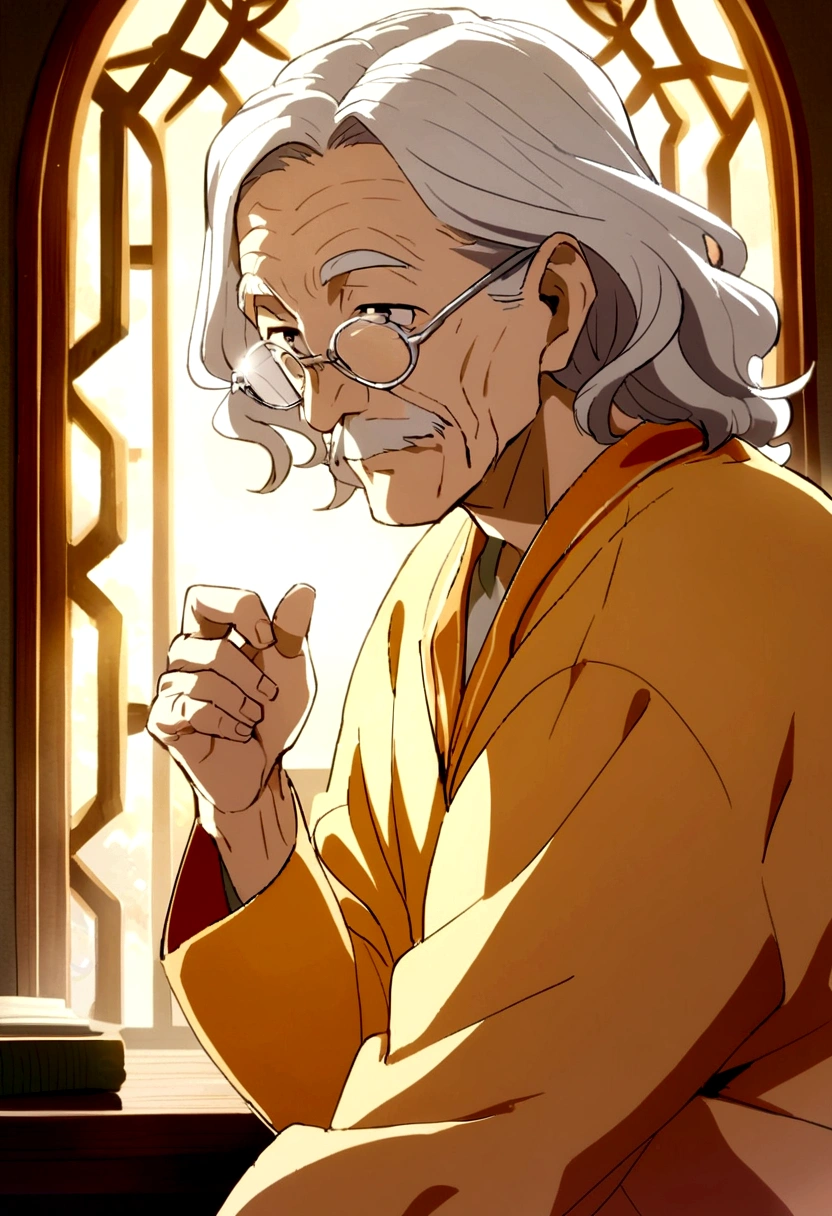 anime, Friendly wrinkled old man, Wavy white hair, Wearing a blue serge Norfolk jacket, Wearing silver glasses, wise, considerate.