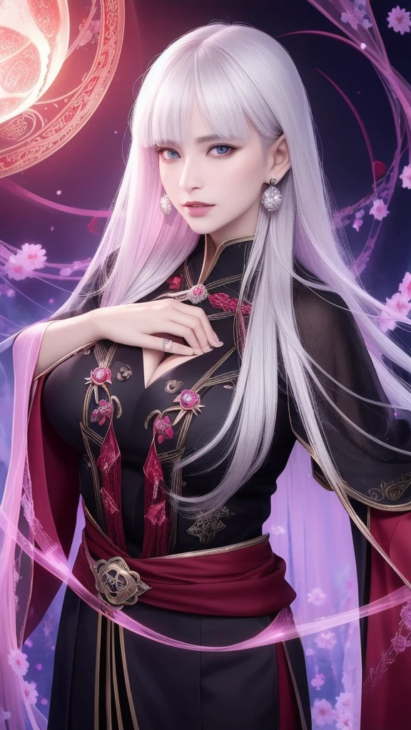 (masterpiece, top quality, 1 female, solo, exquisite details, chromatic aberration), (realistic), (skin), ((breathing)), (silver hair, blunt bangs, short cut straight long hair, short cut bangs, silver hair), beautiful hair, red headdress, blue highlights, hair over one eye, cute eyes,purple eyes, thick lips, earrings, piercing eyes, ((pink and white kimono)), ((symmetrical eyes)), ((perfectly symmetrical body)), ((perfectly symmetrical hands)), (purerosface_v1:0.3), night, (((self, natural light))), bright lighting, flowers blooming in the background, front of viewer, ((central shot, from the front, (face and waist))), mysterious atmosphere, flowers blooming around, light colored background, fortune teller in kimono, beautiful fortune teller, fortune teller, dark fantasy female fortune teller, female fortune teller, f Fantasy photography, magician, witch fairy tale, Japanese style, elegant cinematic fantasy art, fantasy woman, magician portrait, casting a spell, fortune teller, unsexy kimono, A powerful wizard stands in a mysterious forest, fluttering robes adorned with symbols, holding a glowing heart crystal ball, eyes glowing with mystical energy, spells leaking from his mouth, vivid swirling patterns of black magic pulsating in hues of red and blue appear in the air, magic permeates, flowers bloom and sacred creatures gaze in awe, threads of magical energy dance, revealing hidden realms and unravelling secrets, capturing the essence of this enchanting moment and bringing to life the mysterious power of black magic on a canvas of the highest quality and finest detail. Top Quality, Masterpiece, Ultra High Resolution, (Photorealistic: 1.4), RAW Photo, Sharp Focus, High Resolution, Detailed Skin, .