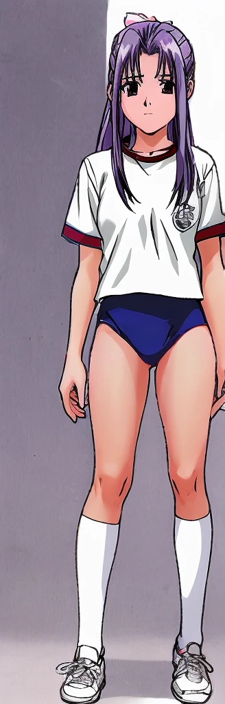 Momoko Koigakubo, a tall girl with beautiful legs, is standing with her legs spread to the sides in a white gym uniform and light navy blue bloomers that look like panties.。