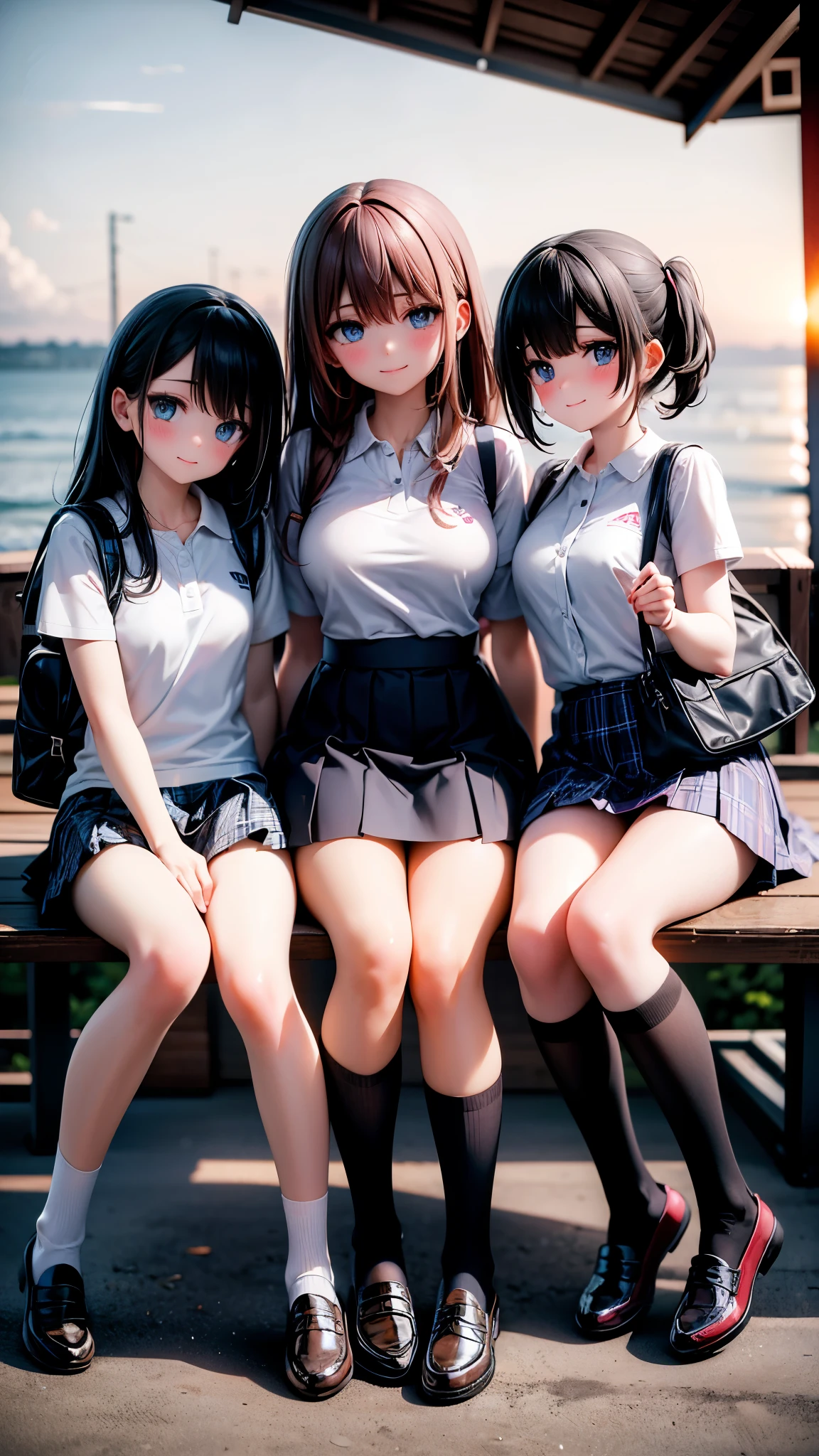 long hair, looking at viewer, blush, smile, bangs, blue eyes, multiple girls, skirt, brown hair, shirt, black hair, short sleeves, brown eyes,  long hair, sitting in sunset beach , white polo shirt, pleated skirt, outdoors, open clothes, shoes, day, socks, striped, collared shirt, hand up, (3girls:1.4), bag, plaid, kneehighs, nose blush, plaid skirt, brown footwear, flying sweatdrops, loafers, grey skirt, school bag, diagonal stripes, 