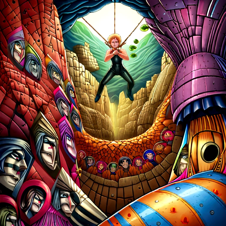 a painting of a man talking on a cell phone, lorenzo vitturi, fighting each other, mixed-race woman, mark brooks and brad kunkle, destruction around her, merged machima, panel of black, jumbled together, jean - baptiste belin, close-up fight, colourful artwork, intricate digital artwork, swinging on a vine over a chasm