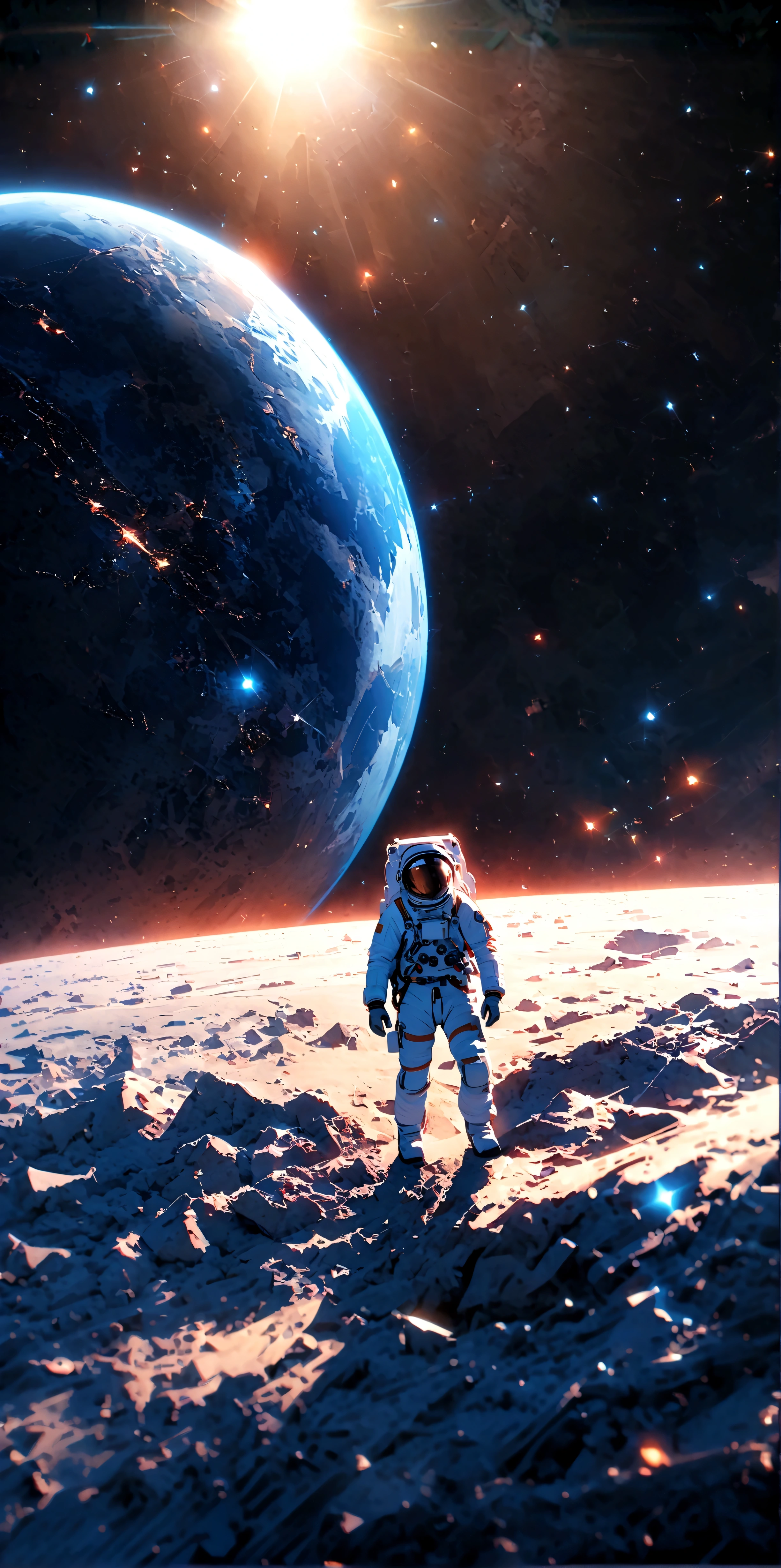 quality\(8k,wallpaper of extremely detailed CG unit, ​masterpiece,hight resolution,top-quality,top-quality real texture skin,hyper realisitic,increase the resolution,RAW photos,best qualtiy,highly detailed,the wallpaper,cinematic lighting,ray trace,golden ratio\), BREAK ,solo,1astronaut wearing space suit floating aimlessly in the galaxy\(dark,beautiful,beautiful stars\) and behind him a beautiful dazzling sun surely rising from behind the large beautiful (blue earth:1.6),(long shot:1.5)