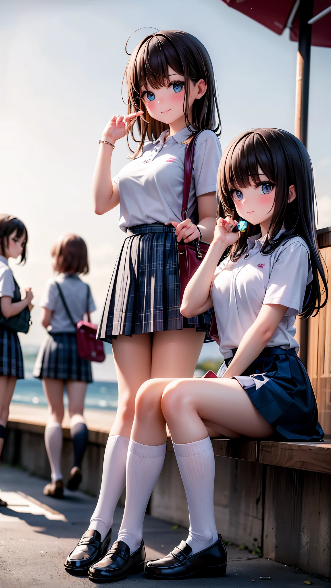 long hair, looking at viewer, blush, smile, bangs, blue eyes, multiple girls, skirt, brown hair, shirt, black hair, short sleeves, brown eyes,  long hair, sitting in sunset beach , white polo shirt, pleated skirt, outdoors, open clothes, shoes, day, socks, striped, collared shirt, hand up, (3girls:1.4), bag, plaid, kneehighs, nose blush, plaid skirt, brown footwear, flying sweatdrops, loafers, grey skirt, school bag, diagonal stripes, 