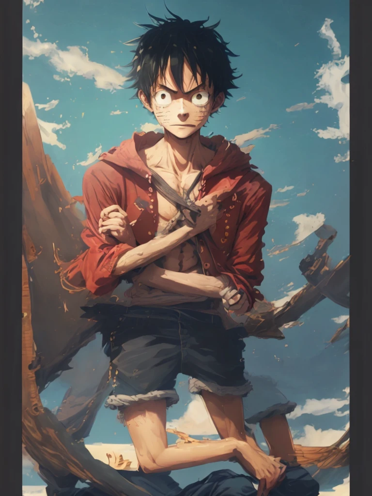 Create an image of Monkey D. Luffy, the protagonist of "One Piece." He is a 19-year-old pirate captain with a lean, muscular build, lightly tanned skin, and messy black hair. His expressive black eyes should convey his cheerful and carefree nature. Luffy is wearing his iconic wide-brimmed straw hat with a red band, a red open-buttoned vest or sleeveless shirt, blue knee-length shorts with a frayed hem, and simple brown sandals. He has a yellow sash tied around his waist and a distinctive scar under his left eye.

Depict Luffy in a dynamic pose, with one arm stretched out in a rubber-like fashion, showcasing his Gomu Gomu no Mi powers. His expression should feature a wide grin, highlighting his confident and optimistic personality. Set the scene on a ship's deck, a tropical island, or an open sea to reflect his adventurous pirate lifestyle. Optionally, include his crew, the Straw Hat Pirates, or elements like the Jolly Roger flag to enrich the scene. Ensure to capture his adventurous spirit and determination, along with the X-shaped scar on his chest from the Marineford Arc.