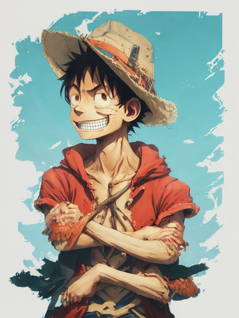 Create an image of Monkey D. Luffy, the protagonist of "One Piece." He is a 19-year-old pirate captain with a lean, muscular build, lightly tanned skin, and messy black hair. His expressive black eyes should convey his cheerful and carefree nature. Luffy is wearing his iconic wide-brimmed straw hat with a red band, a red open-buttoned vest or sleeveless shirt, blue knee-length shorts with a frayed hem, and simple brown sandals. He has a yellow sash tied around his waist and a distinctive scar under his left eye.
Depict Luffy in a dynamic pose, with one arm stretched out in a rubber-like fashion, showcasing his Gomu Gomu no Mi powers. His expression should feature a wide grin, highlighting his confident and optimistic personality. Set the scene on a ship's deck, a tropical island, or an open sea to reflect his adventurous pirate lifestyle. Optionally, include his crew, the Straw Hat Pirates, or elements like the Jolly Roger flag to enrich the scene. Ensure to capture his adventurous spirit and determination, along with the X-shaped scar on his chest from the Marineford Arc.