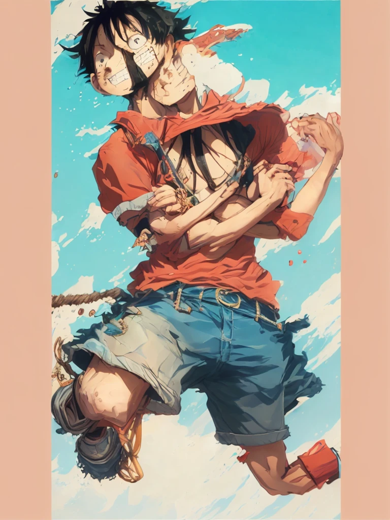 Create an image of Monkey D. Luffy, the protagonist of "One Piece." He is a 19-year-old pirate captain with a lean, muscular build, lightly tanned skin, and messy black hair. His expressive black eyes should convey his cheerful and carefree nature. Luffy is wearing his iconic wide-brimmed straw hat with a red band, a red open-buttoned vest or sleeveless shirt, blue knee-length shorts with a frayed hem, and simple brown sandals. He has a yellow sash tied around his waist and a distinctive scar under his left eye.

Depict Luffy in a dynamic pose, with one arm stretched out in a rubber-like fashion, showcasing his Gomu Gomu no Mi powers. His expression should feature a wide grin, highlighting his confident and optimistic personality. Set the scene on a ship's deck, a tropical island, or an open sea to reflect his adventurous pirate lifestyle. Optionally, include his crew, the Straw Hat Pirates, or elements like the Jolly Roger flag to enrich the scene. Ensure to capture his adventurous spirit and determination, along with the X-shaped scar on his chest from the Marineford Arc.