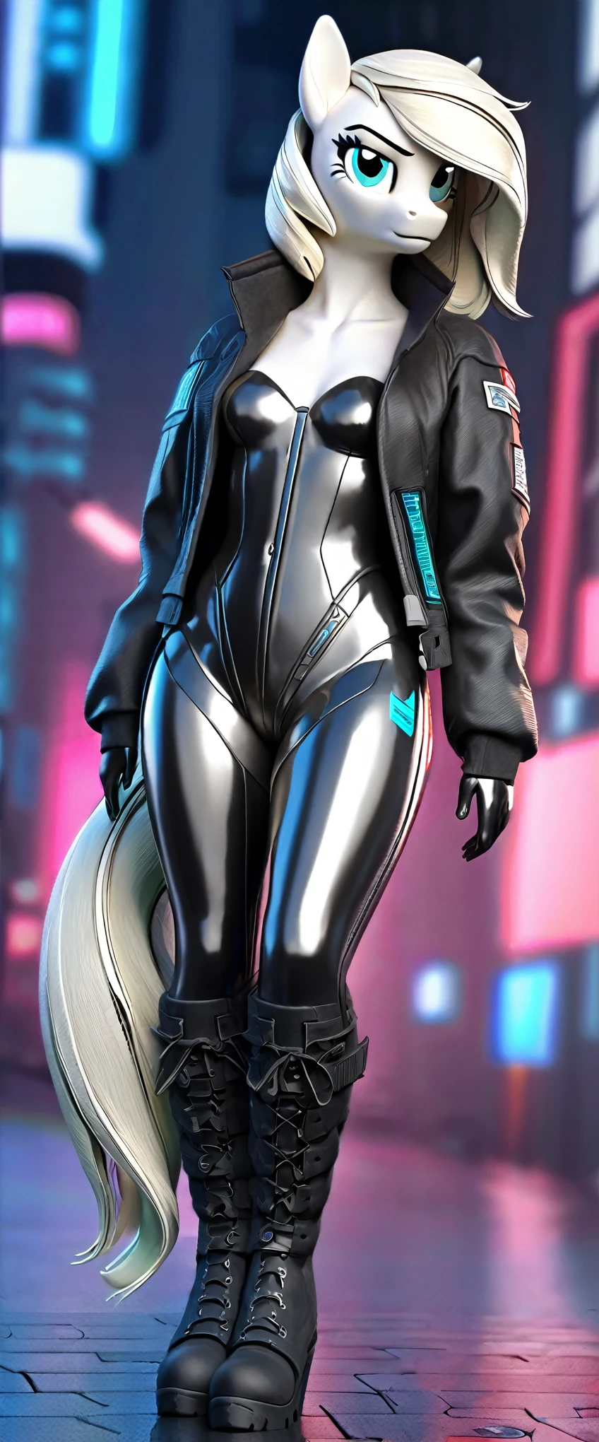 a ((full body)) cartoon picture of an anthropomorphic (((pony:0.9))), cyberpunk style, (((shiny latex cyberpunk bodysuit:1.0))), (((techwear jacket on top:0.9))), (((calf-high boots))), generic MLP style, professional render, female anthro pony, small breasts, frowning, (((semi realistic cream white fur))), (((detailed eyes:1.0))), cyberpunk mane and tail.