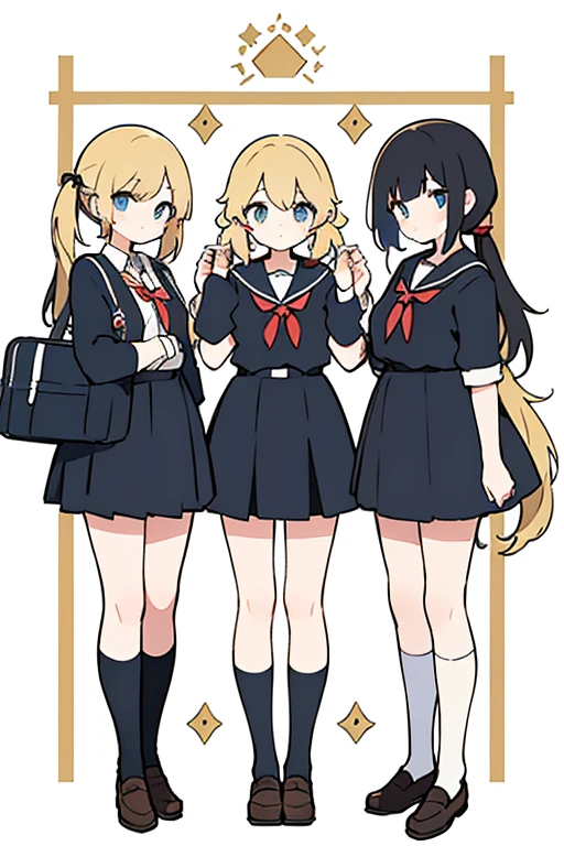 3girls, 2 blonde, 1 long twin tails, 1 medium length hair, 1 short black hair, {schoolgirl uniforms}, 2 sisters, 1 stepsister.