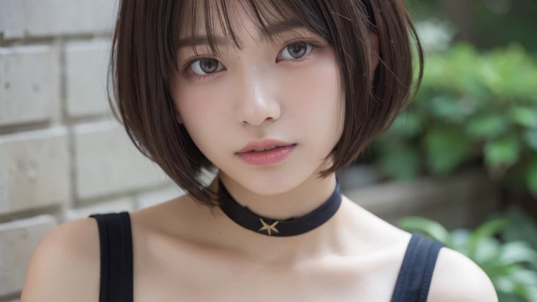 LIE DOWN, ((NECK LACE:1)), ((GOTHIC BLACK EYELASHES & LIPS)), ((BLACK LIPS)), ((short haircut)), adorable, 1 girl, (face to face), 10 years old, baby face, happy, half body portrait, (face details: 1), (eye details: 1), ((tiny breasts)). ((croptank latch)), ((net stockings)), lingerie ((pink mini))