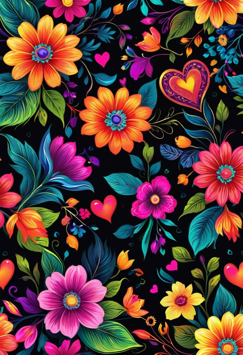 a rich and colorful floral pattern with hearts and flowers on a black background, Neon floral pattern, floral flowers rich and colorful, ( rich and colorful ), rich and colorfully background, rich and colorful patterns, Background chaos flowers, Colorful flowers, rich and colorful flowers, Colorful flowers, Dark floral wallpaper, background rich and colorful, Gorgeous wallpaper, Summer color pattern, rich and colorful - patterns,