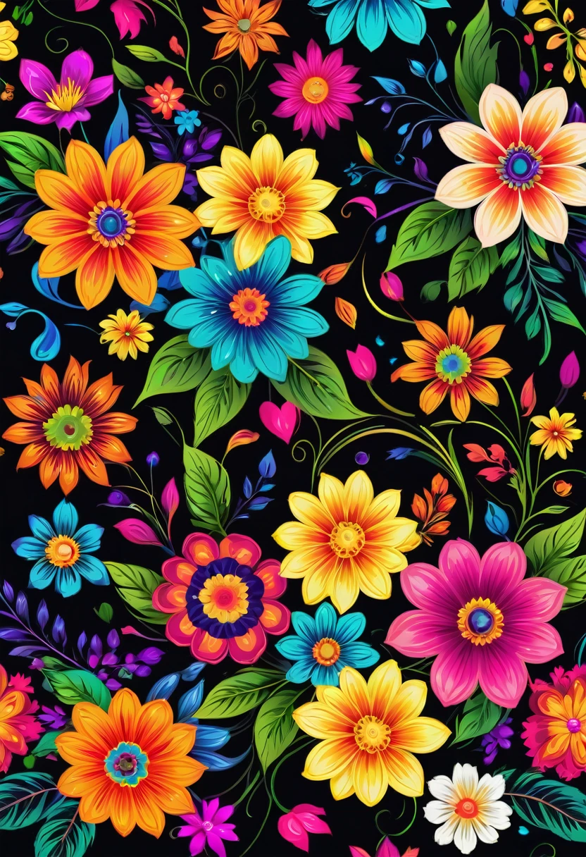 a rich and colorful floral pattern with hearts and flowers on a black background, Neon floral pattern, floral flowers rich and colorful, ( rich and colorful ), rich and colorfully background, rich and colorful patterns, Background chaos flowers, Colorful flowers, rich and colorful flowers, Colorful flowers, Dark floral wallpaper, background rich and colorful, Gorgeous wallpaper, Summer color pattern, rich and colorful - patterns,