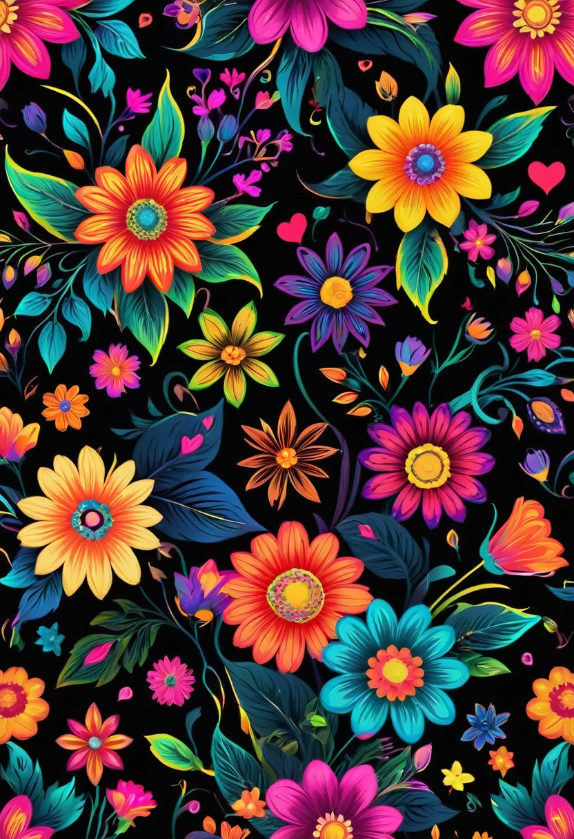 a rich and colorful floral pattern with hearts and flowers on a black background, Neon floral pattern, floral flowers rich and colorful, ( rich and colorful ), rich and colorfully background, rich and colorful patterns, Background chaos flowers, Colorful flowers, rich and colorful flowers, Colorful flowers, Dark floral wallpaper, background rich and colorful, Gorgeous wallpaper, Summer color pattern, rich and colorful - patterns,