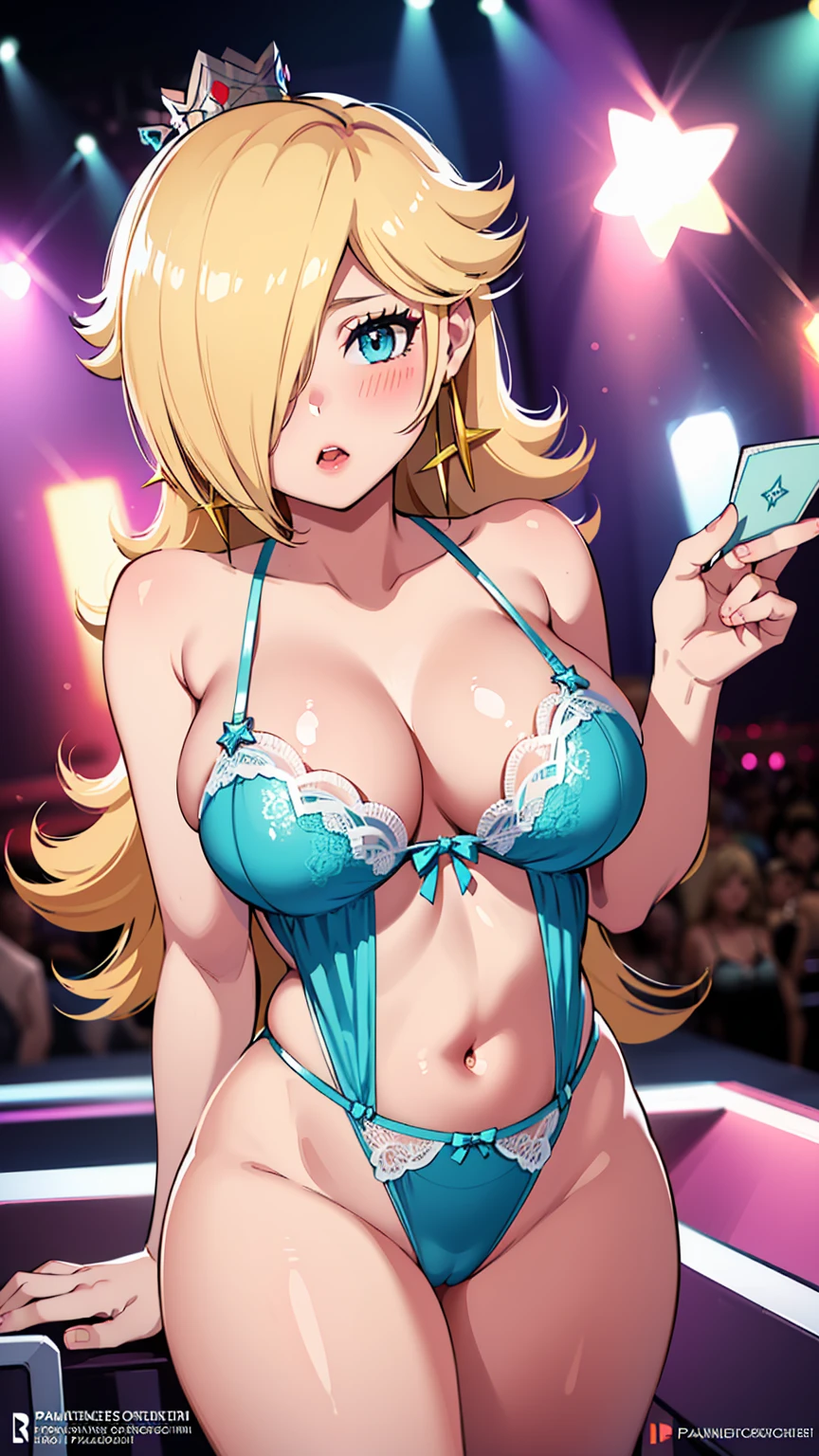 best quality, high resolution, large breasts, blonde hair, blush, embarrassed, cowboy shot, looking at viewer, princess_rosalina, pink lip, sexy pose, (((in nightclub))), (((lingerie))), (((paizuri invitation))), (((paizuri pornstar))), (((ready to fuck))), (((touching breasts)))