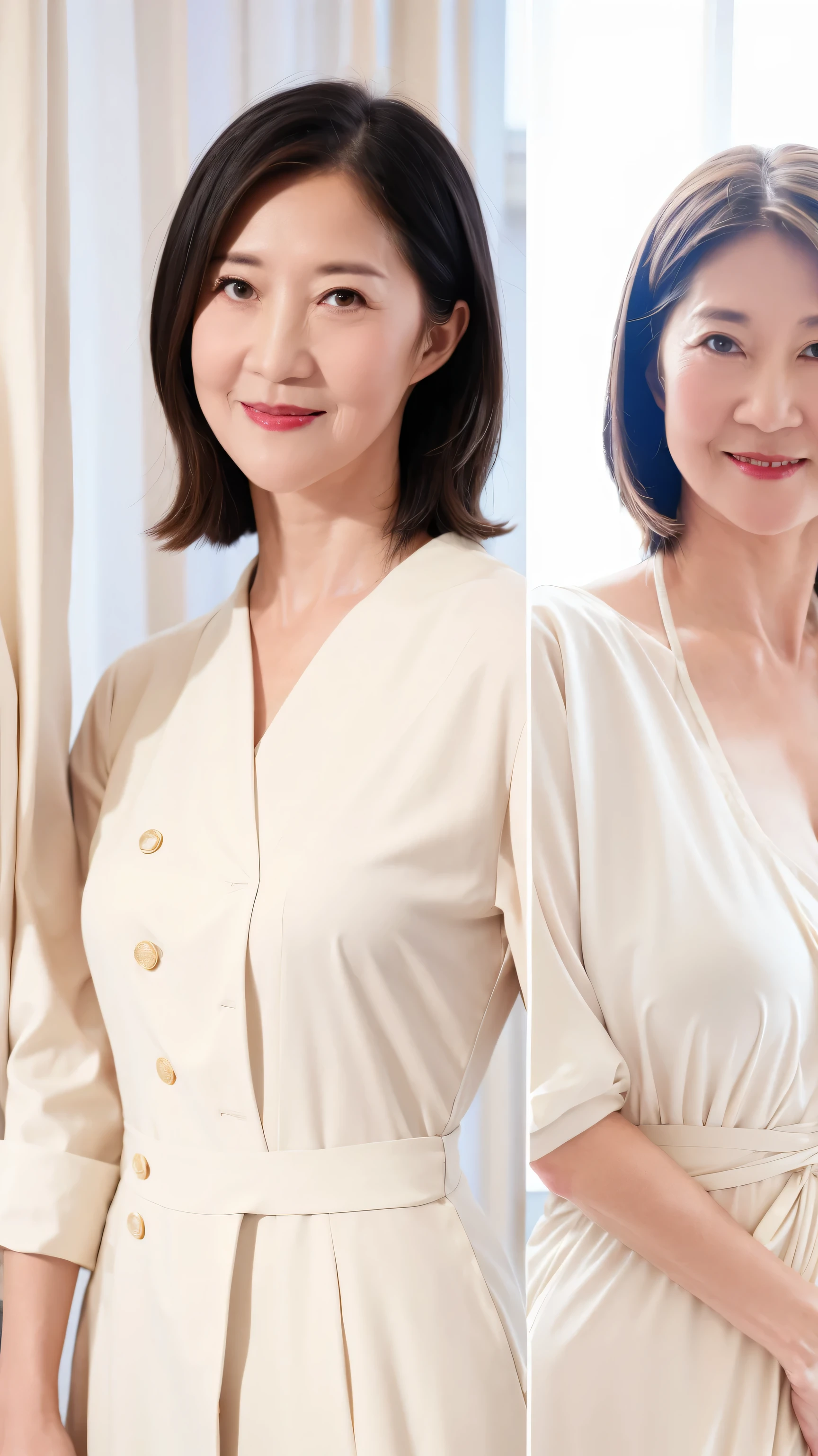 60-year-old female, Soft headlight,High-density imaging,(Clean and delicate face),((White suit)),((Various dynamic poses)),((((Half-length photo)))),((White curtains in the background)),best quality,masterpiece,(Soft colors:1.2)