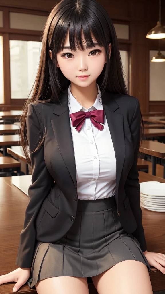 ((high quality)), ((Tabletop)), (Detailed face), (highlight),　Asian Girl、Big breasts、thigh、Black Hair、Heavy bangs、high school girl、skirt、blazer、
