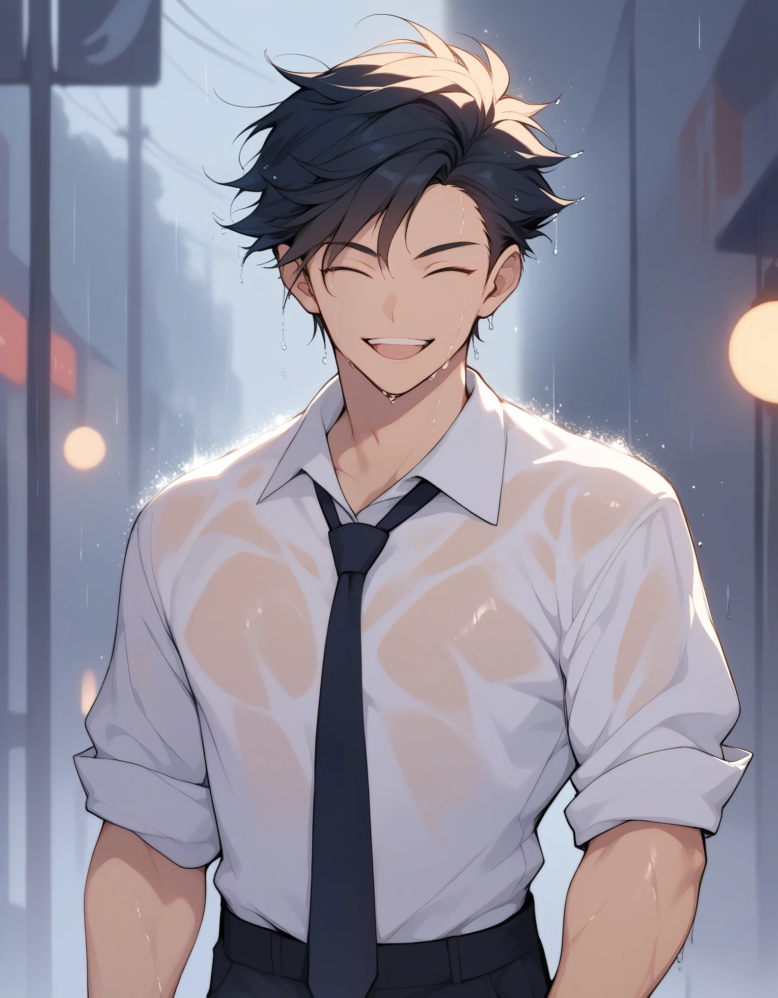score_9, score_8_up, score_7_up, score_6_up, score_5_up, score_4_up,1boy,solo,male only,,white open collared shirt,tie,black slacks,heavy rain,soaked,Wet Face,laugh,(Flipping hair back),cowboy shot