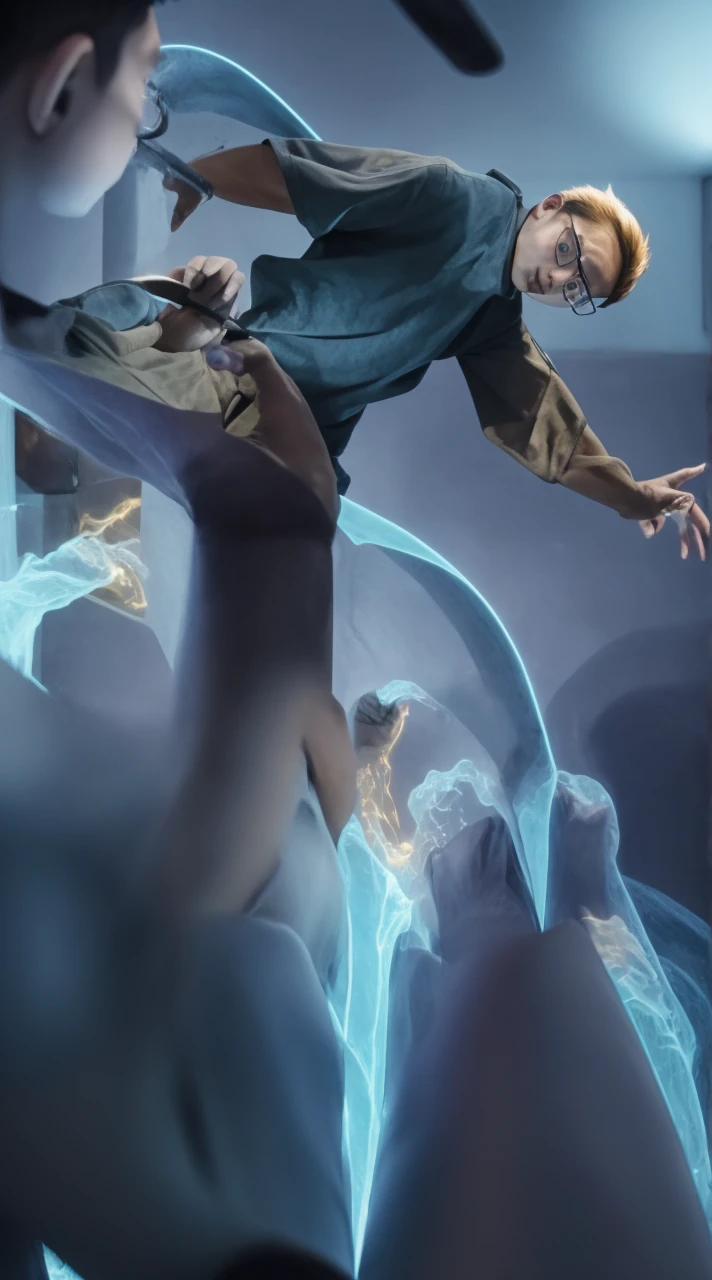 The dramatic dynamics of the hero,float,whole body,Covered with an intricate floral bioluminescent mesh, Misty fantasy forest environment, 散景 ✨远处有哥斯拉