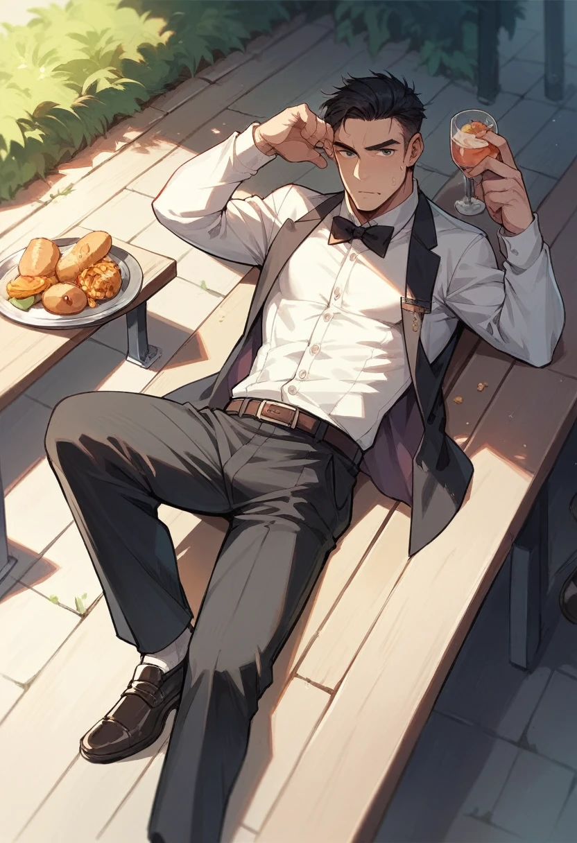 Man lying on a bench, Next to him is a butler holding a tray of food., Ultra-realism.
