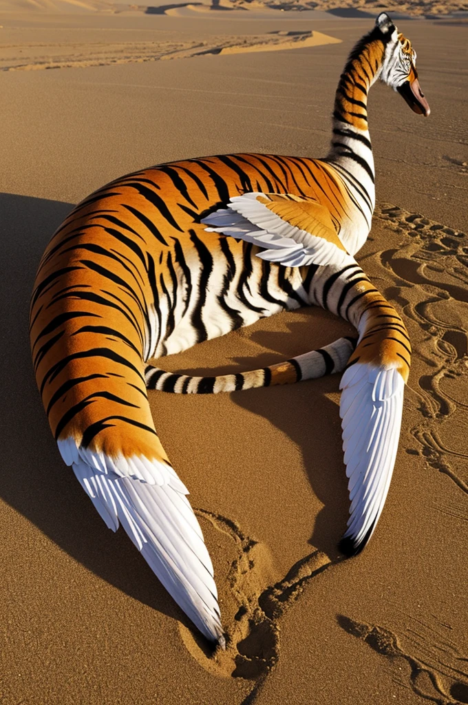 My fantastical creature, Lebeter, has a long neck, and its body is covered in smooth fur. It has many colors – it is rainbow-colored. Lebeter has four legs: one swan leg, which it uses when swimming, a tiger leg for running, a third leg with a roller skate for speeding along roads, and a fourth, spare, magical leg that can transform into a swan, tiger, or any other type of leg. To remember which leg is magical, Lebeter decorates it with a bow. Lebeter's wings are large and colorful, adorned with patterns. Its tails are long and tiger-like, which they use to sweep their tracks in the sand.