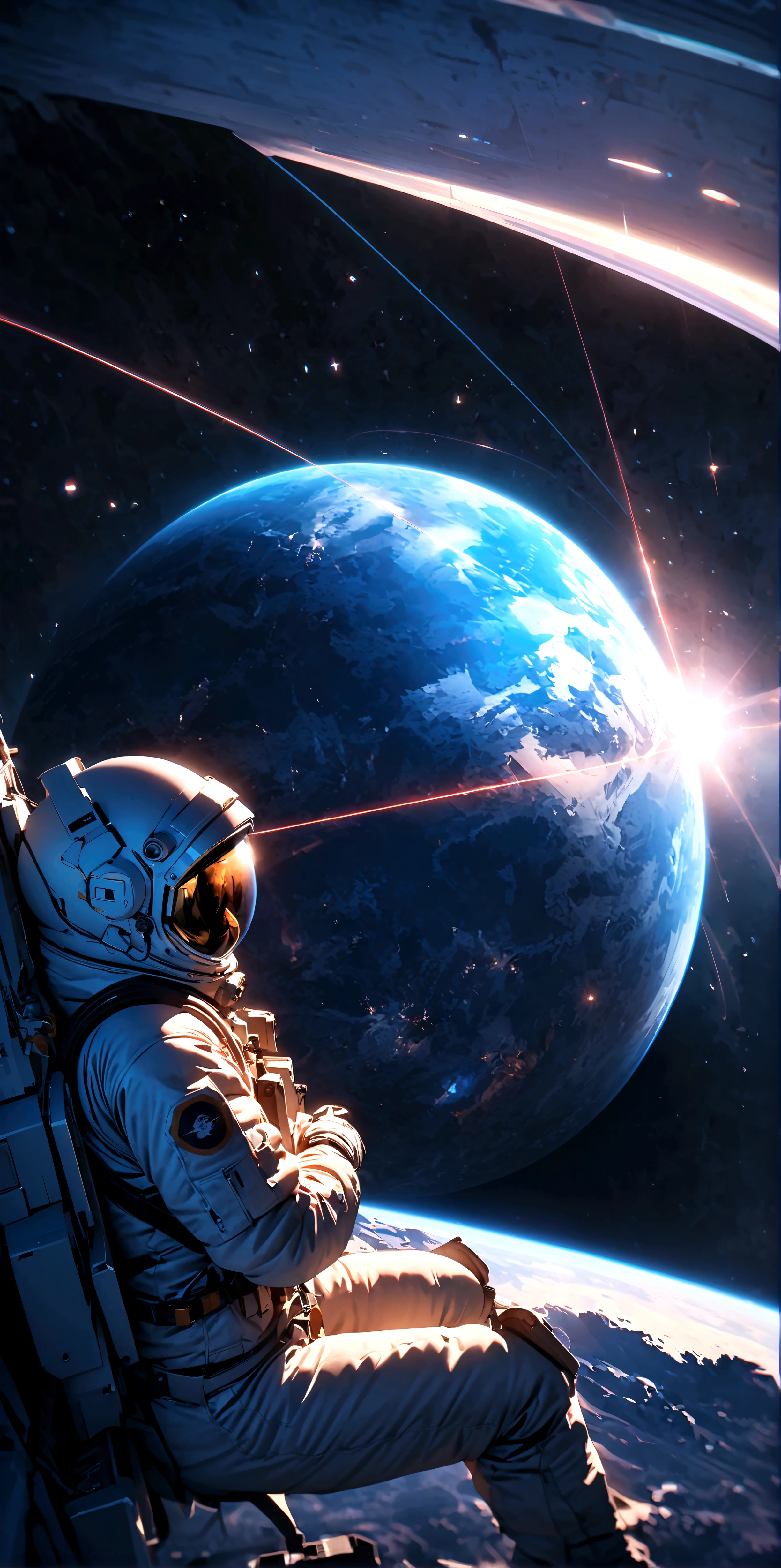 quality\(8k,wallpaper of extremely detailed CG unit, ​masterpiece,hight resolution,top-quality,top-quality real texture skin,hyper realisitic,increase the resolution,RAW photos,best qualtiy,highly detailed,the wallpaper,cinematic lighting,ray trace,golden ratio\), BREAK ,solo,1astronaut wearing space suit floating aimlessly in the galaxy\(dark,beautiful,beautiful stars\) and behind him a beautiful dazzling sun surely rising from behind the large beautiful (blue earth:1.6),(long shot:1.5)