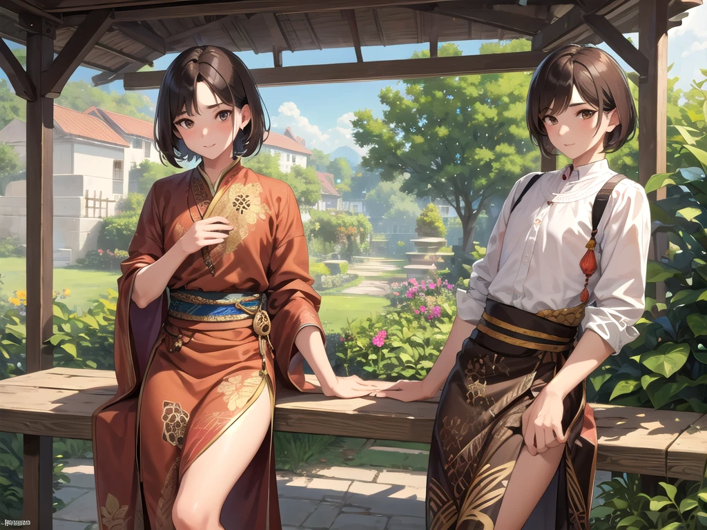 masterpiece, best quality, a man with short brown hair, brown eyes, using batik clothes on garden set looking at viewer,