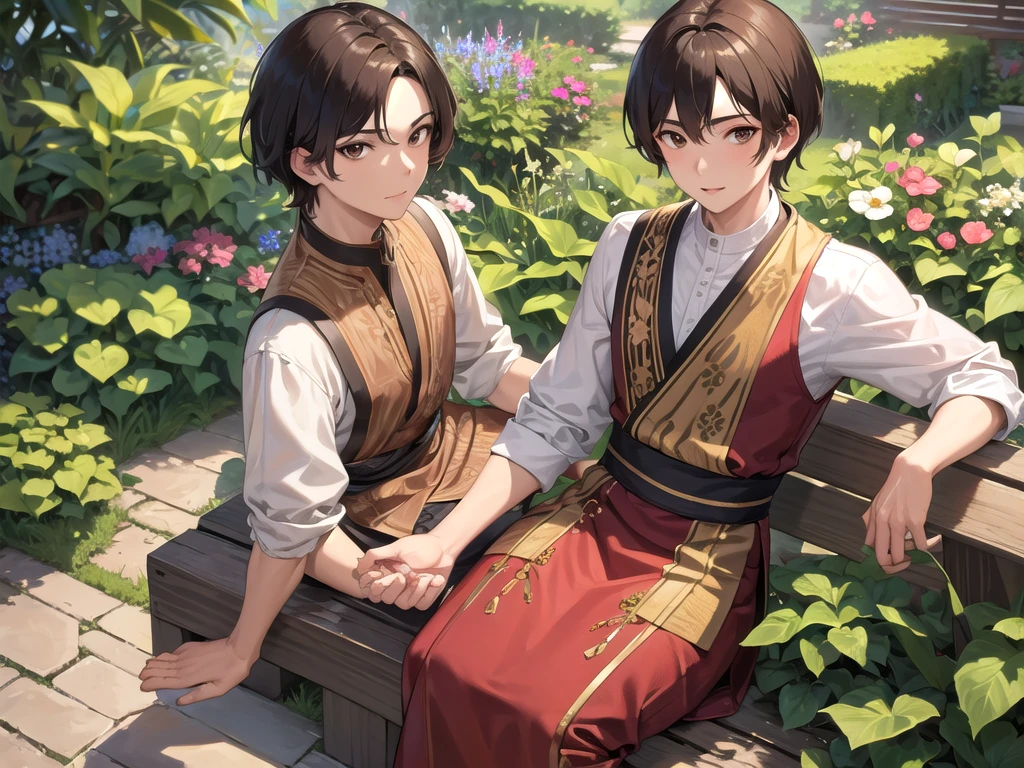 masterpiece, best quality, a man with short brown hair, brown eyes, using batik clothes on garden set  looking at viewer,