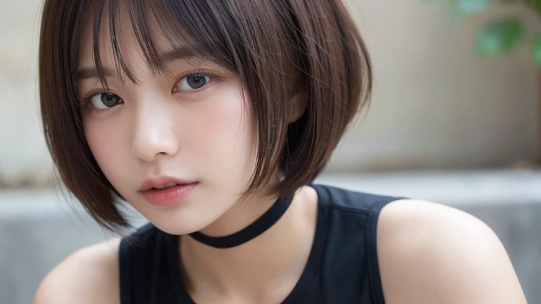 (Bob Cut Hair:1.2),(Put on a choker, Wear a black blouse:1.2),1 girl,Japanese,21 years old,(Small breasts:1.3),(Highest quality,masterpiece:1.3,超A high resolution,),(Ultra-detailed,Caustics),(Photorealistic:1.4,RAW shooting,)Ultra-Realistic Capture,Very detailed,High resolution 16K human skin close-up。 Natural skin texture、,Pores、、It needs to be detailed enough to be easily identifiable。 Skin should be even-toned and healthy looking。 Use natural light and colour, Sad expression, Looking at the camera, Perfect dynamic composition, Outdoor