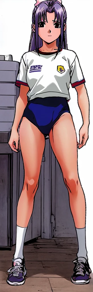 Momoko Koigakubo, a tall girl with beautiful legs, is standing with her legs spread to the sides in a white gym uniform and light navy blue bloomers that look like panties.。