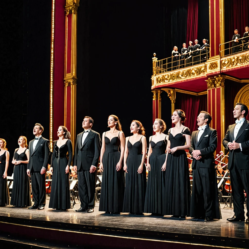 Four men and four women stand in a row on the grand opera stage, the men wearing black suits and the women wearing long black dresses, accompanied by orchestra musicians beside them