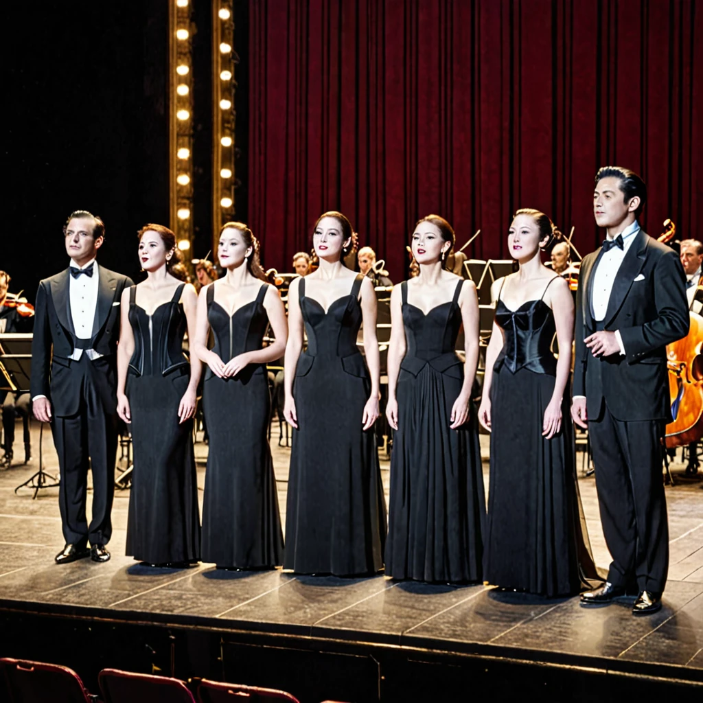 Four men and four women stand in a row on the grand opera stage, the men wearing black suits and the women wearing long black dresses, accompanied by orchestra musicians beside them