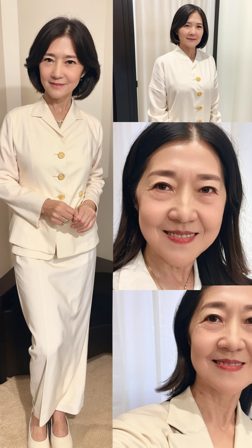 60-year-old female, Soft headlight,High-density imaging,(Clean and delicate face),((Looking to the side)),((White suit)),((Various dynamic poses)),((((Half-length photo)))),((White curtains in the background)),best quality,masterpiece,(Soft colors:1.2)