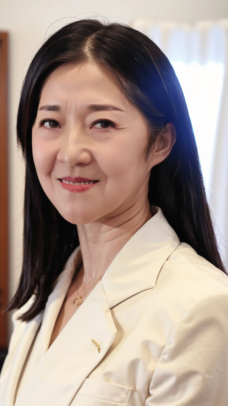 60-year-old female, Soft headlight,High-density imaging,(Clean and delicate face),((looking off to the side)),((White suit)),((Various dynamic poses)),((((Half-length photo)))),((White curtains in the background)),best quality,masterpiece,(Soft colors:1.2)